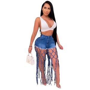 Blue Fringe Denim Shorts